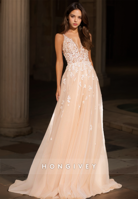 H0969 - Sparkly Illusion Floral Embossed Lace Applique V-Neck With Train Long Wedding Dress