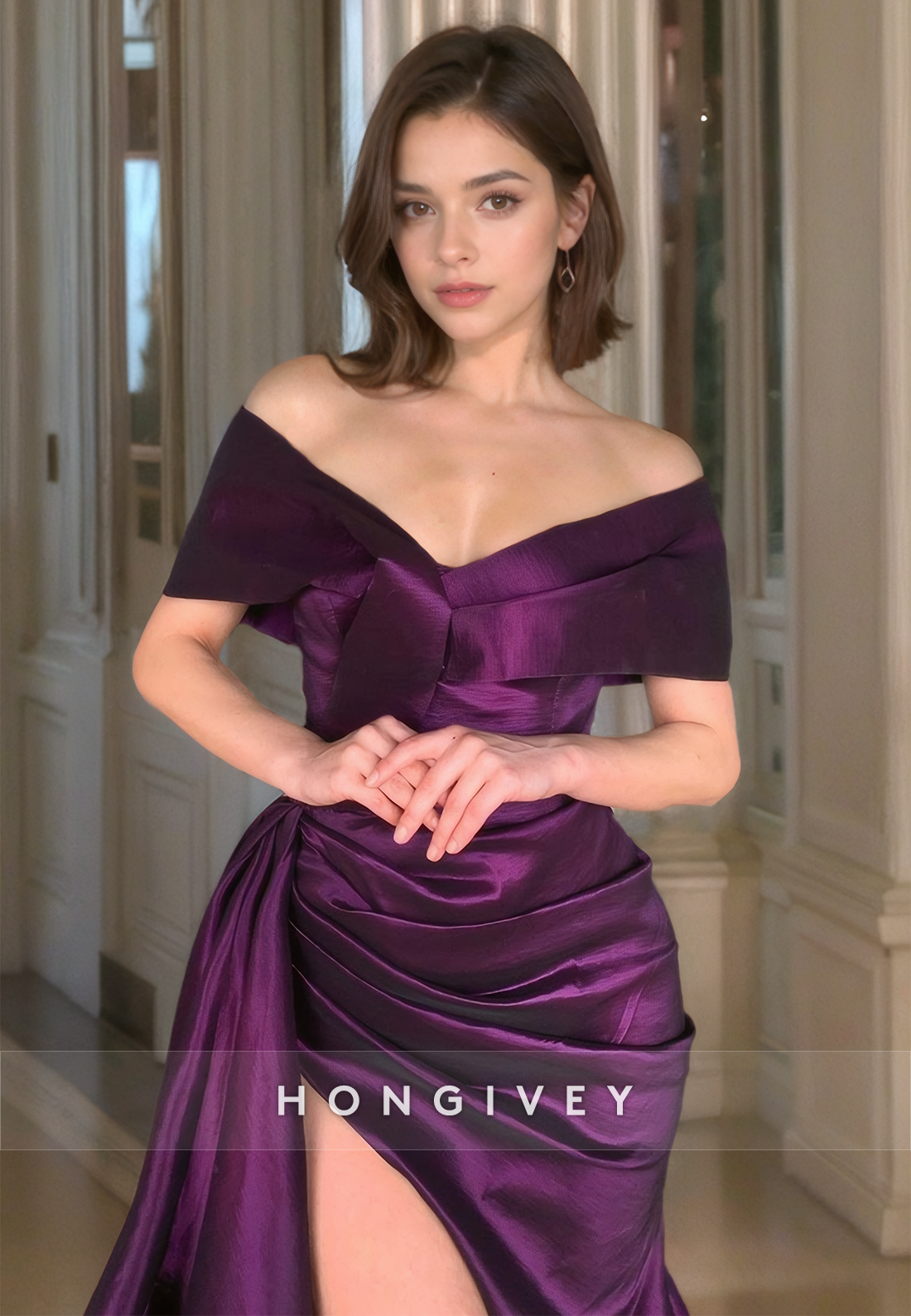 L0922 - High Slit With Sweep Train Ruched Satin Off-Shoulder V-Neck Evening Prom Party Dress