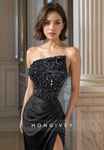 L1247 - Sequined Embellished Ruched Strapless With Slit Prom Formal Party Evening Dress