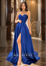 L1266 - Couture Simple Ruched Strapless With Train And Slit Party Evening Prom Formal Dress