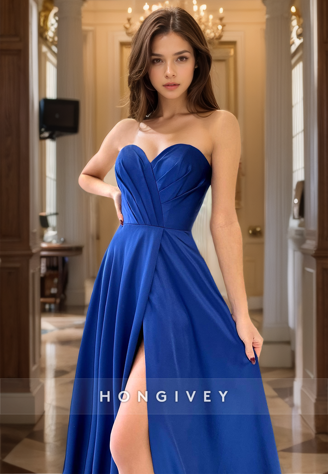 L1266 - Couture Simple Ruched Strapless With Train And Slit Party Evening Prom Formal Dress