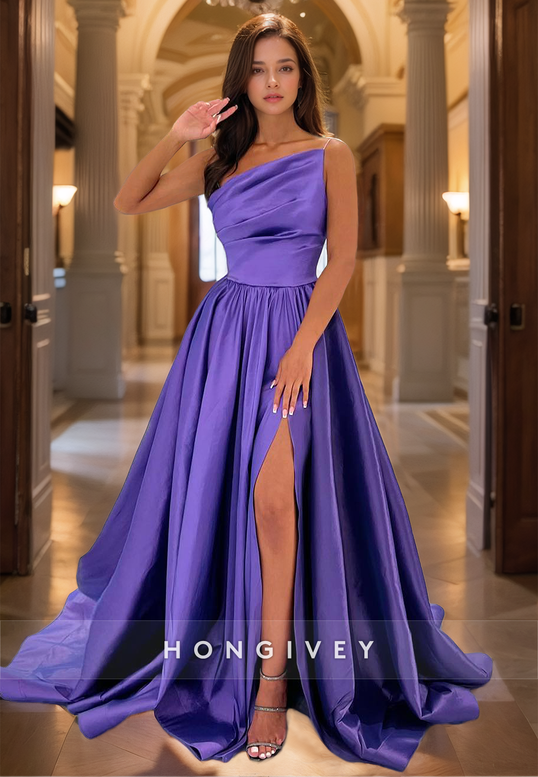 L1261 - Asymmetrical Ruched With Train And Slit Prom Formal Party Evening Dress