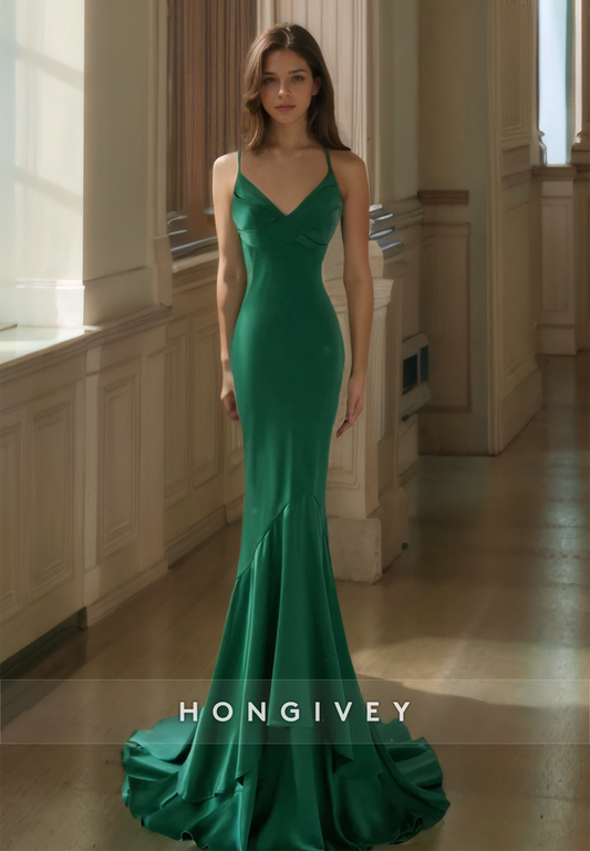 HONGIVEY Backless Straps Mermaid Evening Dress Solid Green Simple Prom dresses