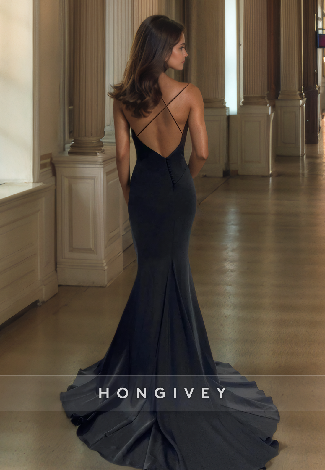 HONGIVEY Simple Black Backless Straps Mermaid Evening Dress with Train Floor Length