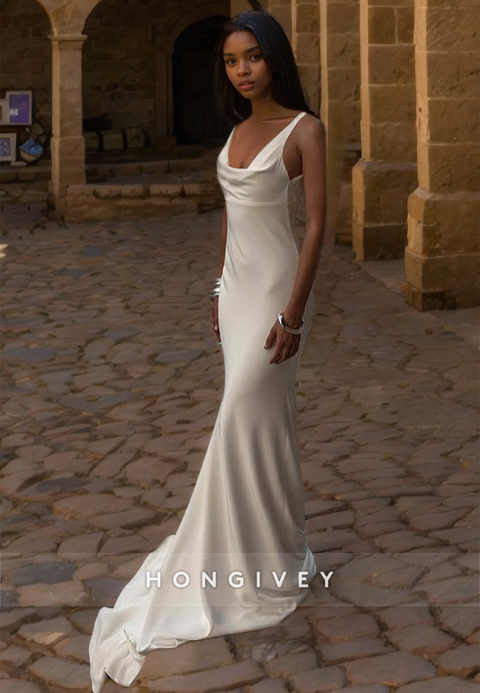 HONGIVEY Straps Scoop Mermaid Beach Wedding Dress Simple Sleeveless Satin Bride Gown