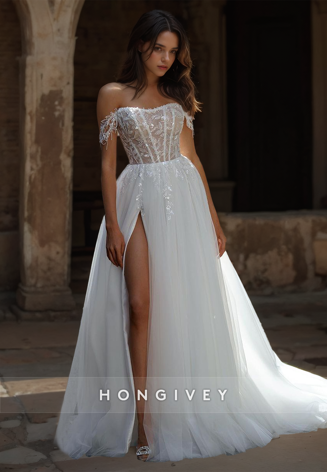 HONGIVEY Stunning Tulle Wedding Dress Side Slit A-Line Off-Shoulder Bride Gown