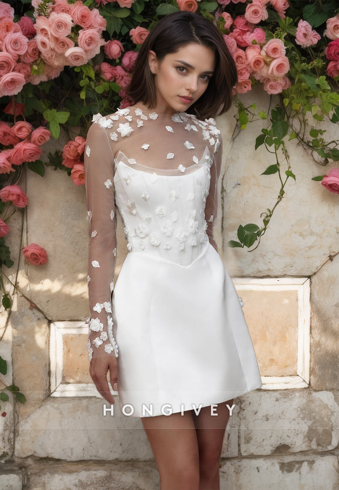 HONGIVEY Short Wedding Dress Long Sleeves Lace Applique Beach Bride Mini Skirt