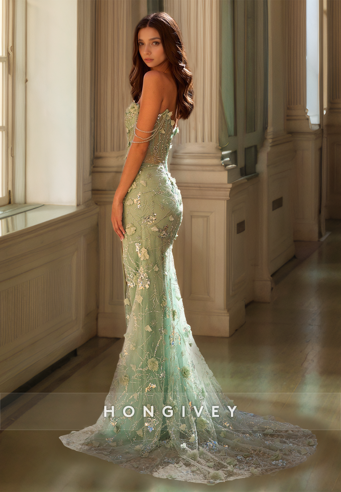 HONGIVEY Elegant Floral Evening Dress with Train Luxury Mermaid Formal Party Prom Gown