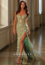 HONGIVEY Elegant Floral Evening Dress with Train Luxury Mermaid Formal Party Prom Gown