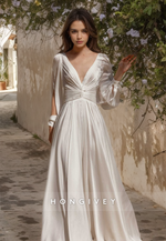 HONGIVEY V-Neck Long Sleeves Wedding Dress Tullle A-Line Bride Gown with Train