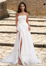 HONGIVEY Simple Organza Tulle Strapless Sleeveless A-Line Wedding Dress with Side Slit