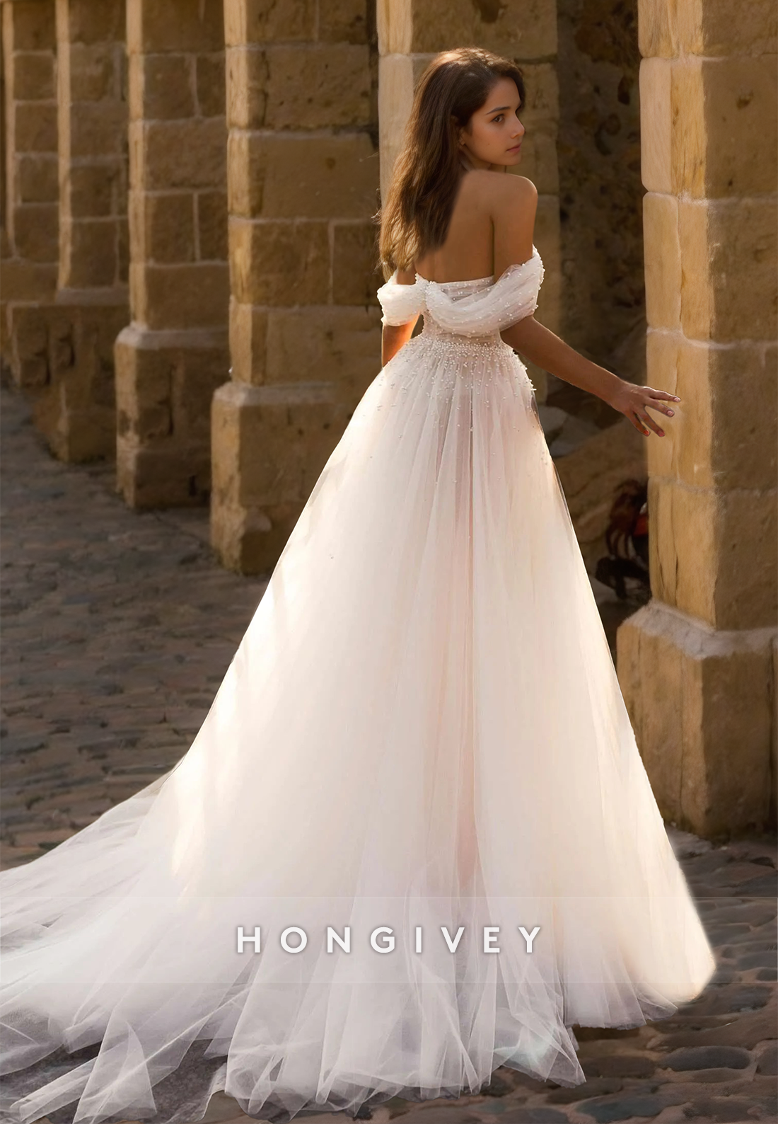 HONGIVEY Classic Tulle Off-Shoulder A-Line Backless Wedding Dress with Train