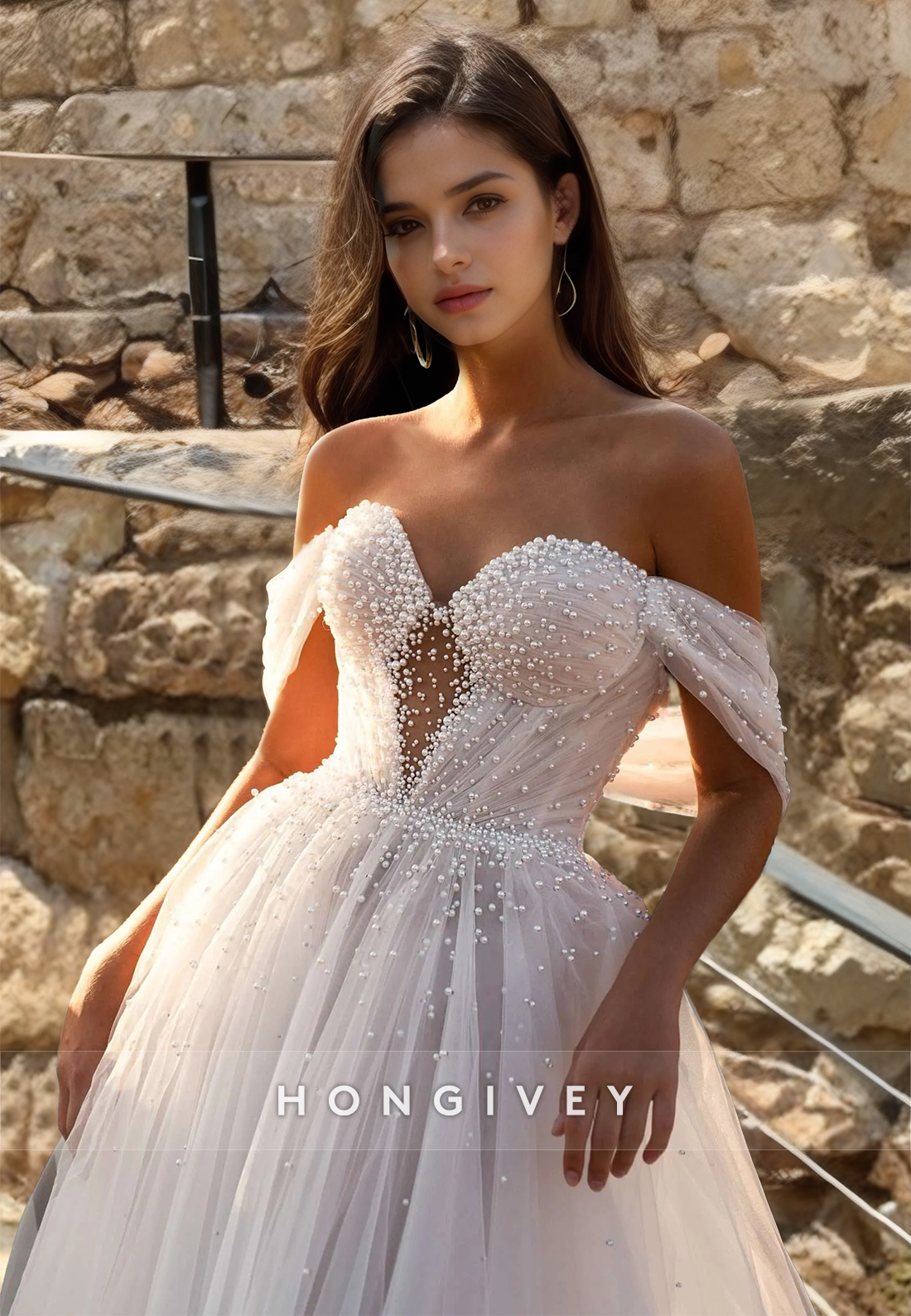 HONGIVEY Classic Tulle Off-Shoulder A-Line Backless Wedding Dress with Train