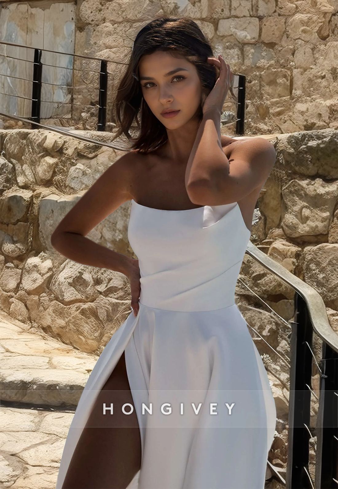 HONGIVEY Chic Bow Strapless Sleeveless A-Line Satin Wedding Dress with High Side Slit