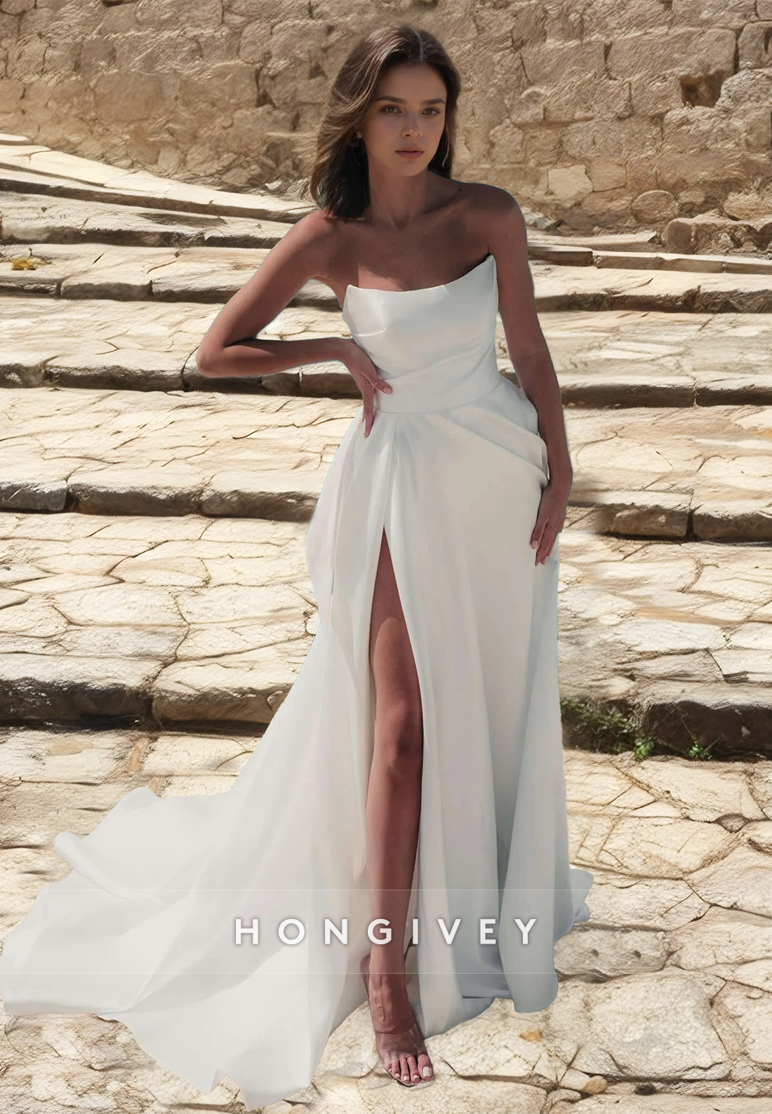 HONGIVEY Chic Bow Strapless Sleeveless A-Line Satin Wedding Dress with High Side Slit