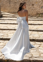 HONGIVEY Chic Bow Strapless Sleeveless A-Line Satin Wedding Dress with High Side Slit