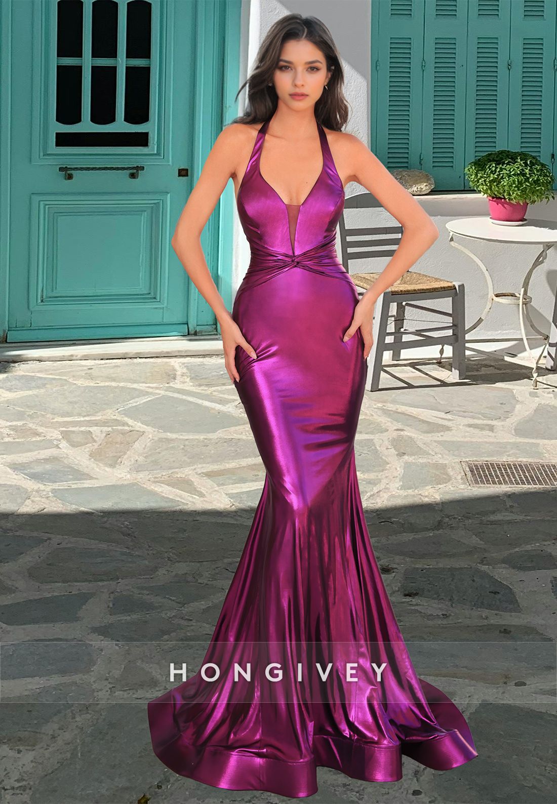 HONGIVEY Sexy Gold Mermaid Evening Dress Long Sleeveless Straps Prom Gown