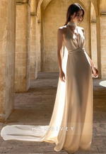 H0981 - Simple Sexy Halter V-Neck Open Back With Train Long Wedding Dress