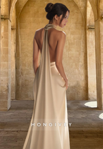 H0981 - Simple Sexy Halter V-Neck Open Back With Train Long Wedding Dress