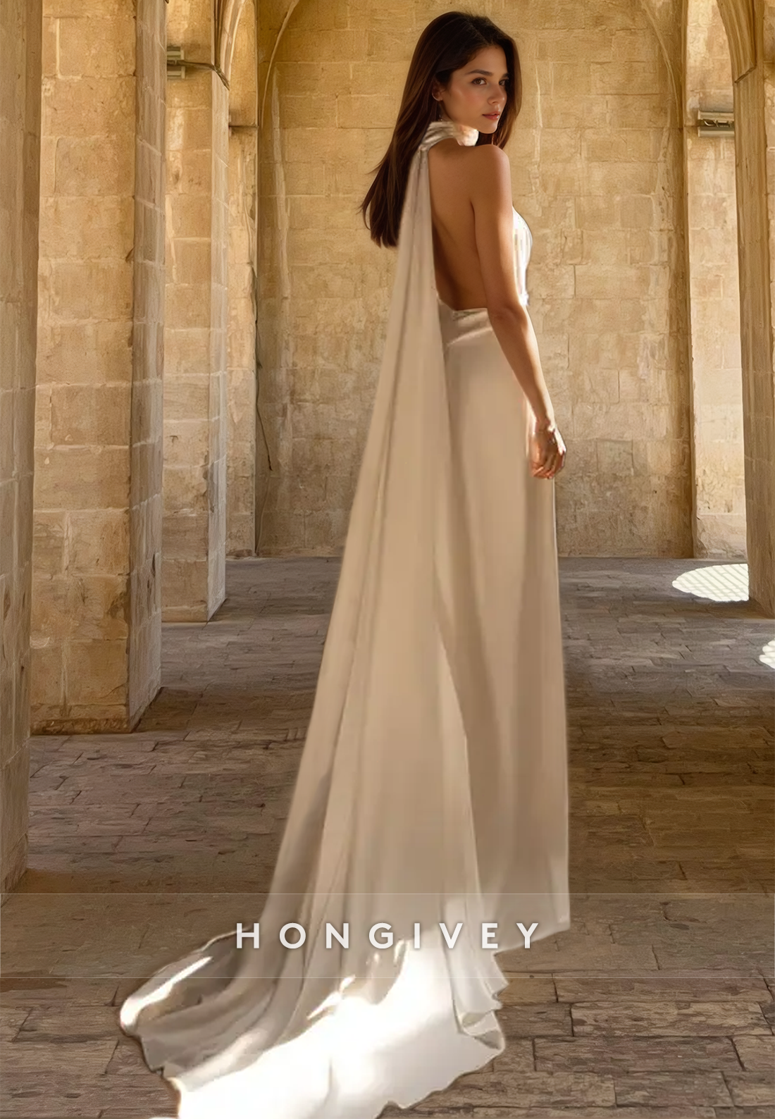 H0981 - Simple Sexy Halter V-Neck Open Back With Train Long Wedding Dress