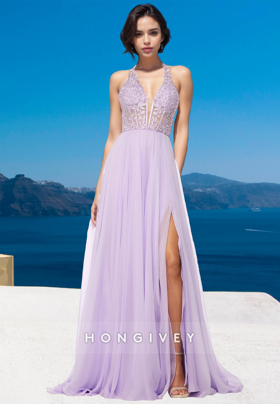 Lilac Lace Applique Tulle A-Line Straps Prom Dress Evening Dress Formal Party Dress