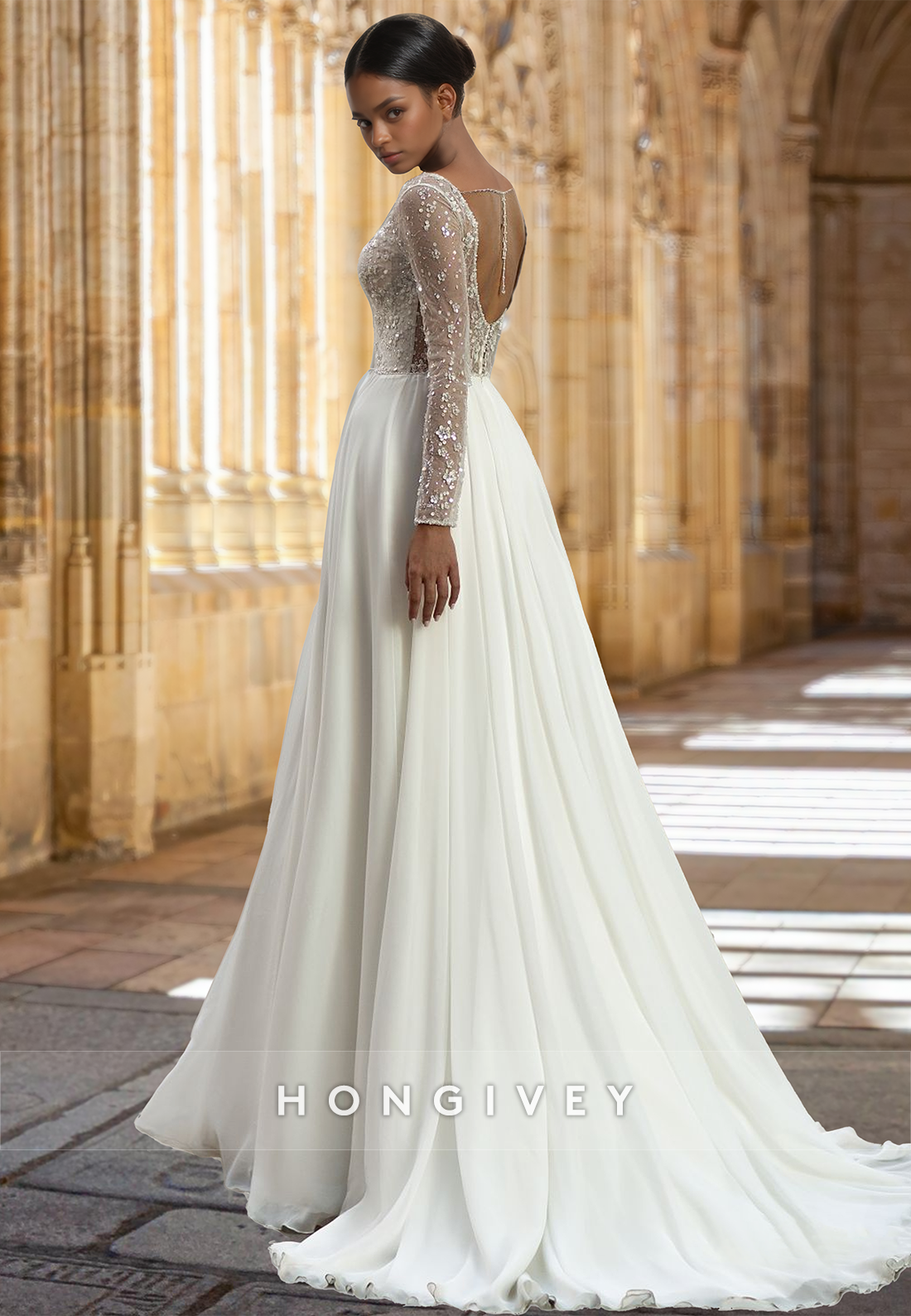 Floral Applique V-Neck Long Sleeves Tulle Floor-Length with Train Wedding Dress