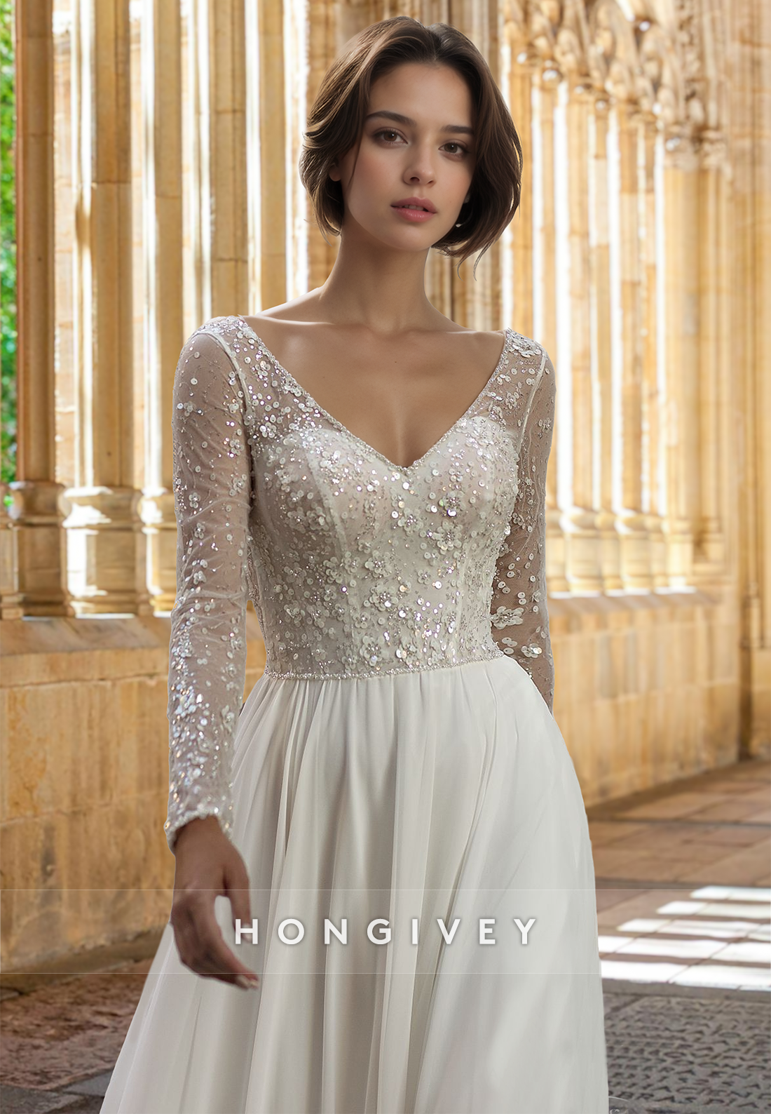 Floral Applique V-Neck Long Sleeves Tulle Floor-Length with Train Wedding Dress