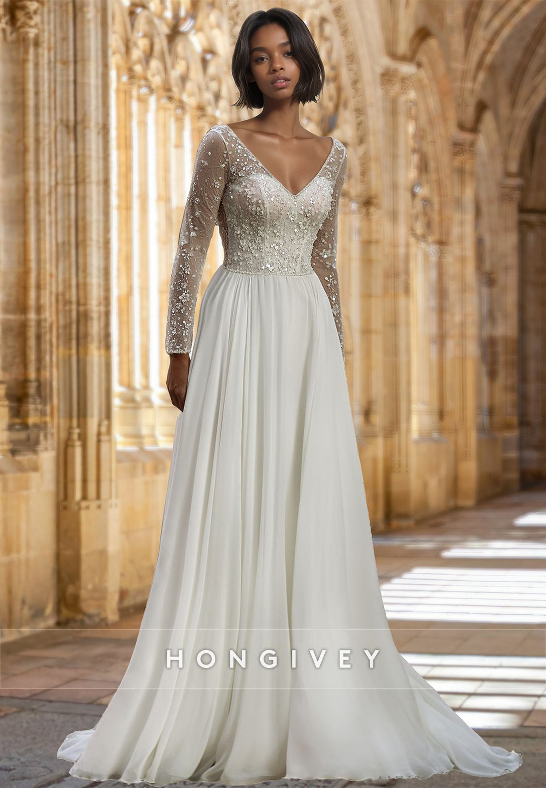 Floral Applique V-Neck Long Sleeves Tulle Floor-Length with Train Wedding Dress