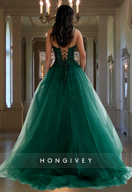 2025 Straps Applique Beaded Dark Green Tulle Prom Dress Ball Gown HONGIVEY