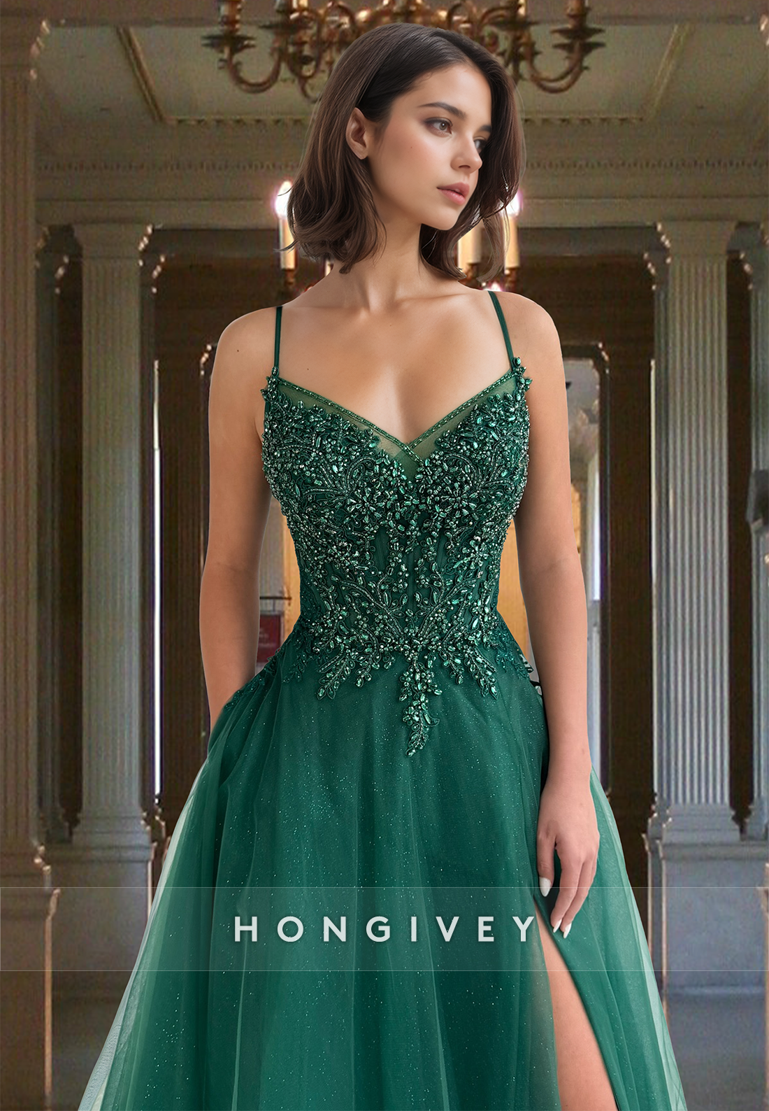 2025 Straps Applique Beaded Dark Green Tulle Prom Dress Ball Gown HONGIVEY