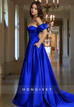 Off-Shoulder A-Line with Slit Royal Blue Evening Dress Prom Gown Ball Gown