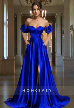 Off-Shoulder A-Line with Slit Royal Blue Evening Dress Prom Gown Ball Gown