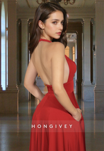 Sexy Red V-Neck High Slit Backless Evening Dress Formal Party Gown HONGIVEY