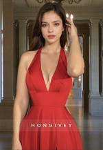 Sexy Red V-Neck High Slit Backless Evening Dress Formal Party Gown HONGIVEY