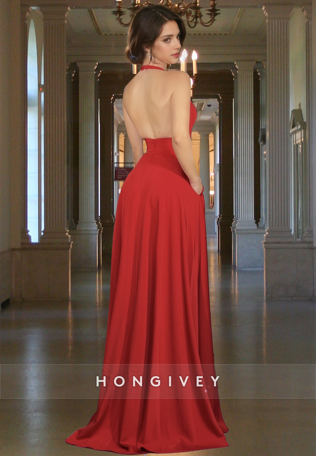 Sexy Red V-Neck High Slit Backless Evening Dress Formal Party Gown HONGIVEY