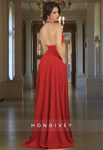 Sexy Red V-Neck High Slit Backless Evening Dress Formal Party Gown HONGIVEY