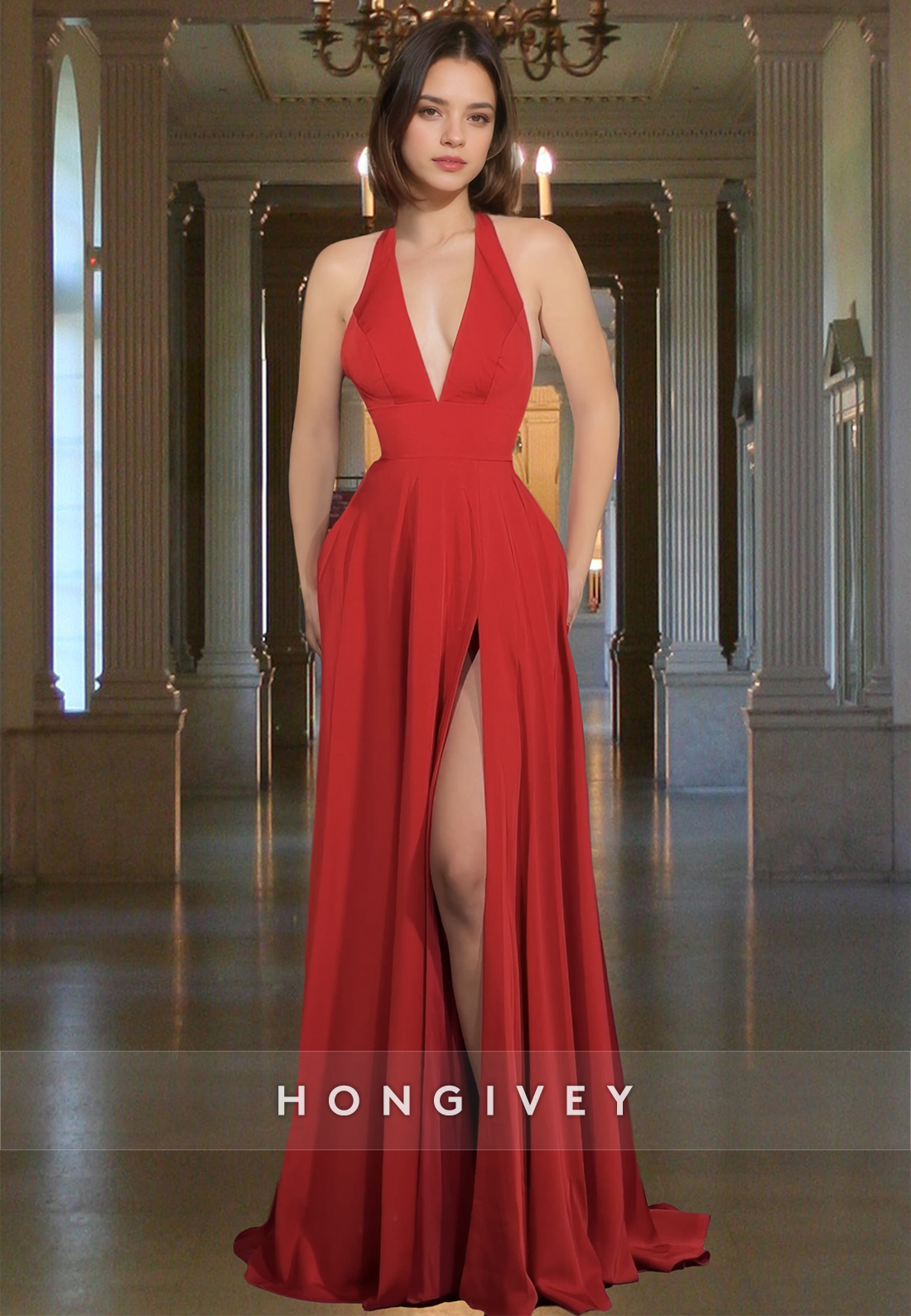 Sexy Red V-Neck High Slit Backless Evening Dress Formal Party Gown HONGIVEY