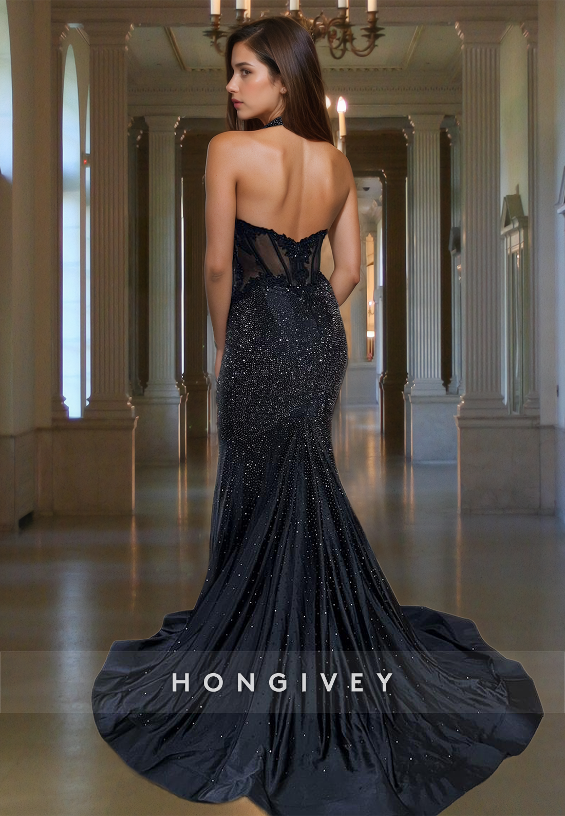 Sexy Black V-Neck Stunning Trumpet with Train Evening Dress Formal Gown