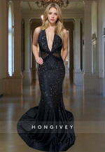 Sexy Black V-Neck Stunning Trumpet with Train Evening Dress Formal Gown