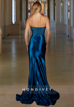 Sexy Blue Strapless Beaded with Slit Sheath Evening Dress Fomal Gown HONGIVEY