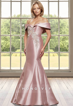 Applique Off-Shoulder Satin Mermaid Mother of the Bride Wedding Guest Dress