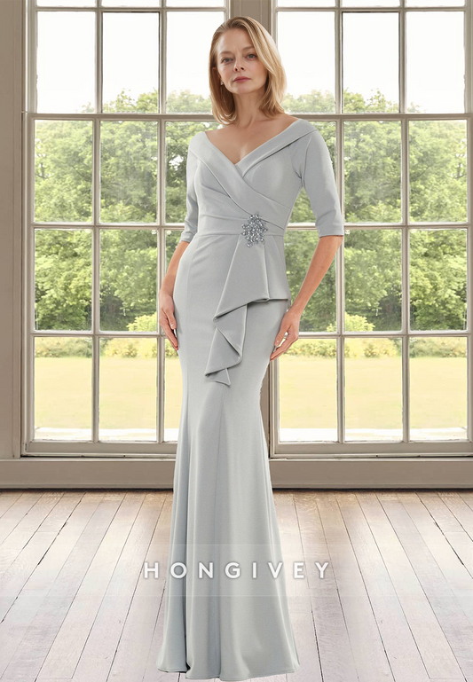 Half Sleeves V-Neck Ruched Sheath Wedding Guest Dress HONGIVEY