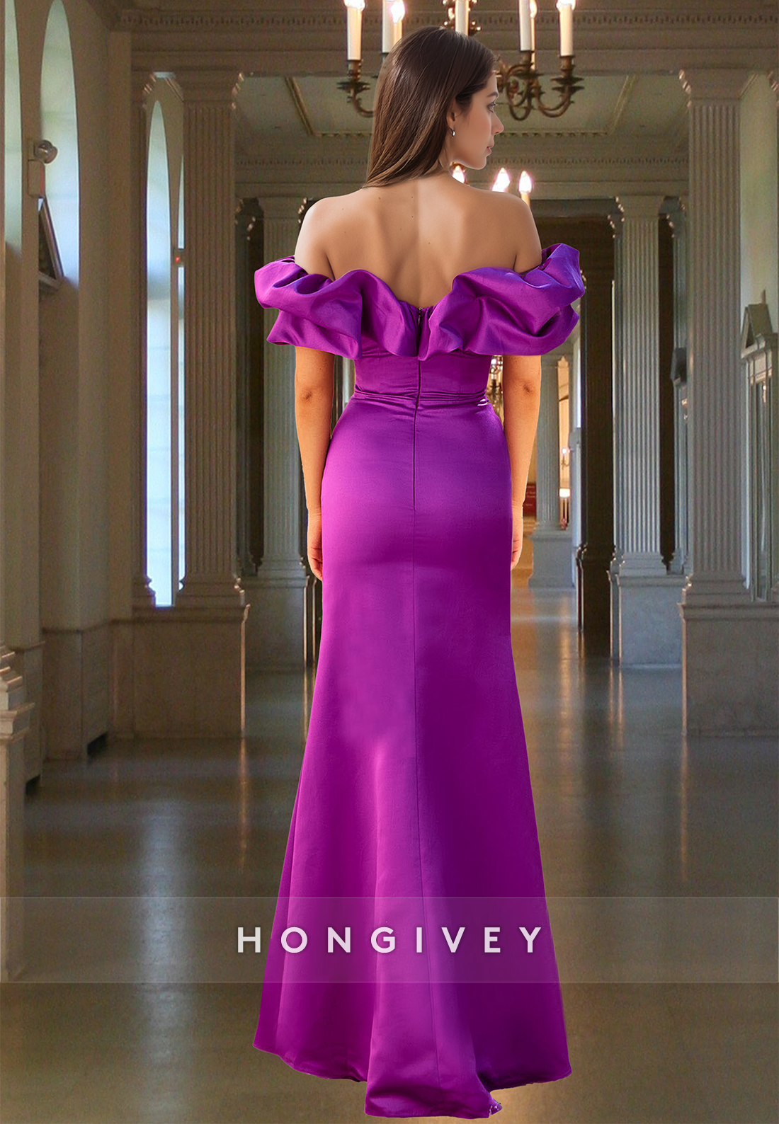 Elegant Purple Ruffles Ruched Off-Shoulder Sheath Satin Formal Evening Dress