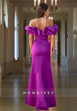 Elegant Purple Ruffles Ruched Off-Shoulder Sheath Satin Formal Evening Dress