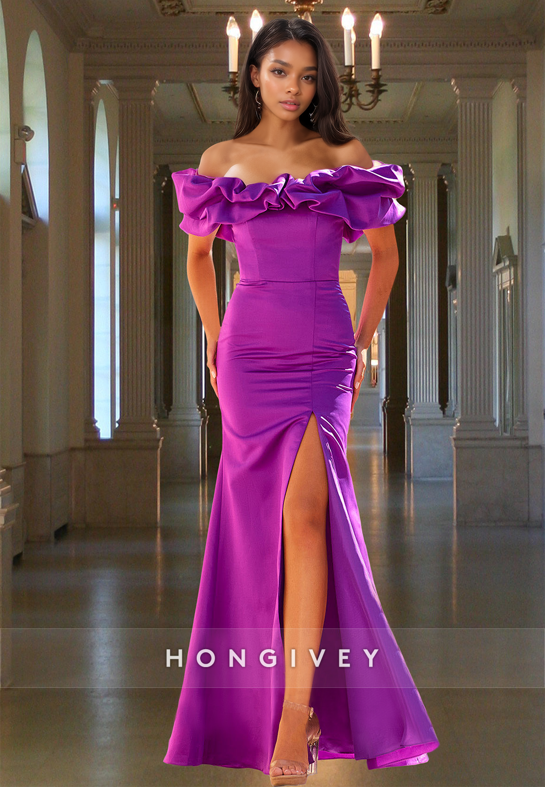 Elegant Purple Ruffles Ruched Off-Shoulder Sheath Satin Formal Evening Dress