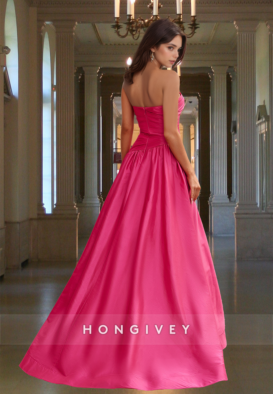 Chic Simple Pink Strapless Asymmetrical Satin A-Line Formal Evening Dress