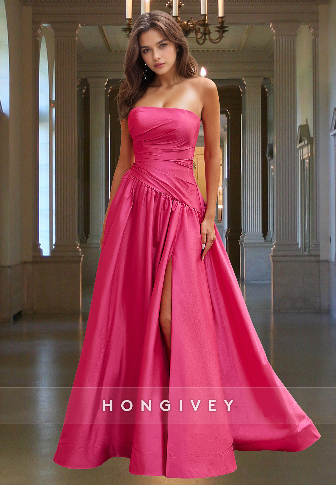 Chic Simple Pink Strapless Asymmetrical Satin A-Line Formal Evening Dress