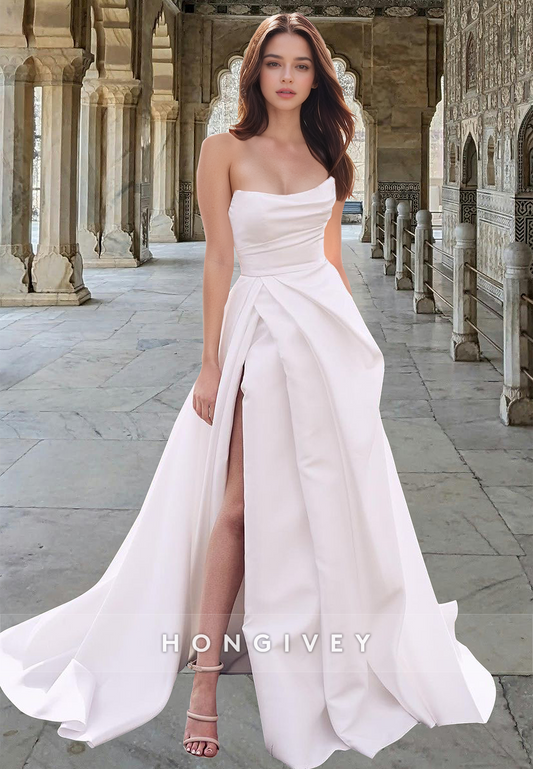 Bateau Ryched A-Line Sleeveless with Slit Simple Satin Wedding Dress