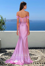 Floral Off-Shoulder Ruched Sheer Trumpet with Slit Spring Formal Evening Dress