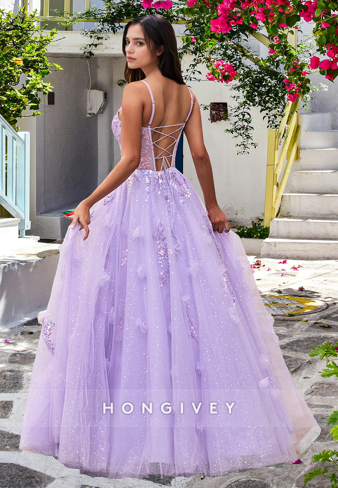 Spring Floral Lilac Spaghetti Straps Tulle A-Line Homecoming Prom Dress Ball Gown